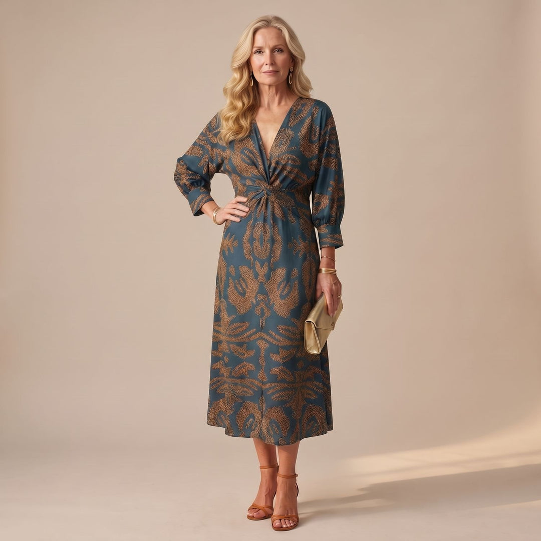 Dames Feestjurk V-hals Midi Wikkeljurk met Gedraaide Taille - Blauw