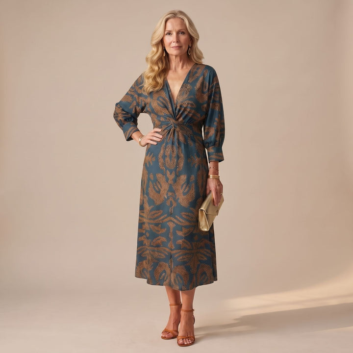 Dames Feestjurk V-hals Midi Wikkeljurk met Gedraaide Taille - Blauw