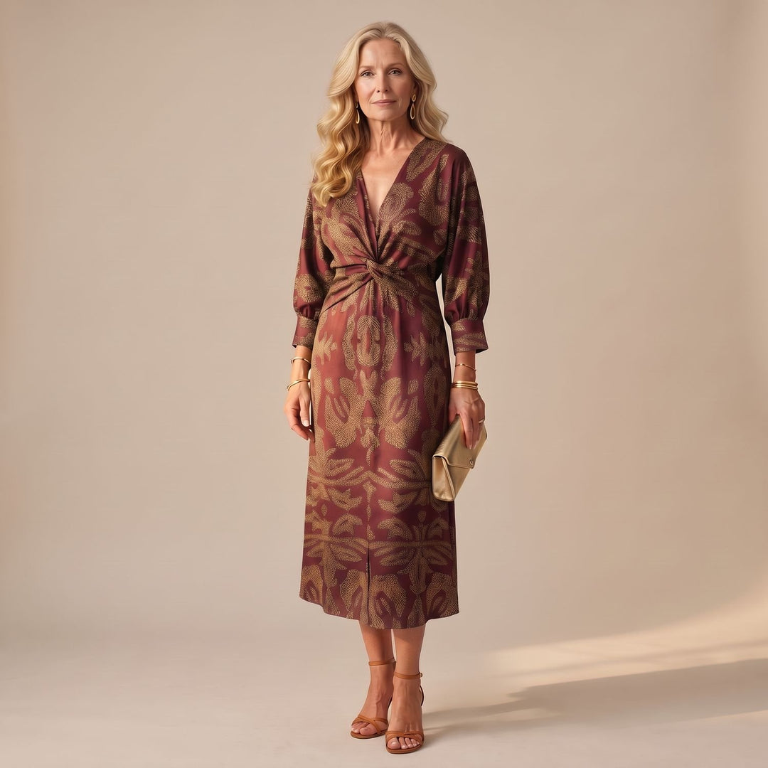 Dames Feestjurk V-hals Midi Wikkeljurk met Gedraaide Taille - Bruin