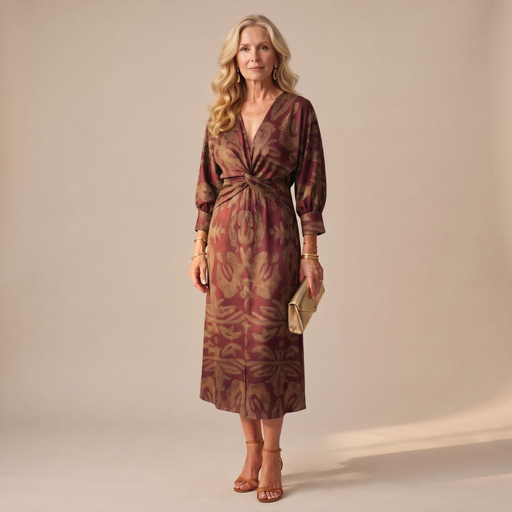Dames Feestjurk V-hals Midi Wikkeljurk met Gedraaide Taille - Bruin