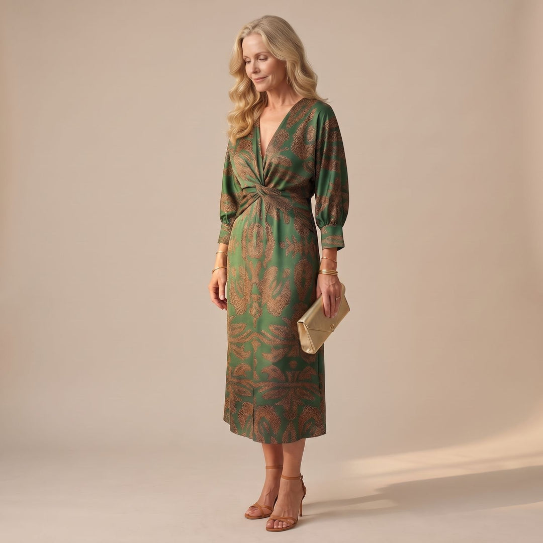 Dames Feestjurk V-hals Midi Wikkeljurk met Gedraaide Taille