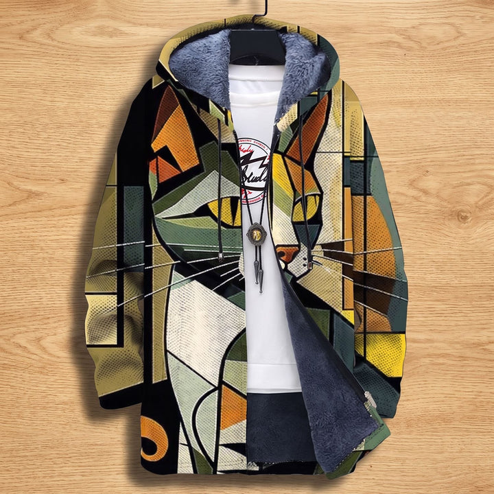 Dames Fleece-Gevoerd Hoodie Vest met Abstract Kattenprint - Gouden Kat