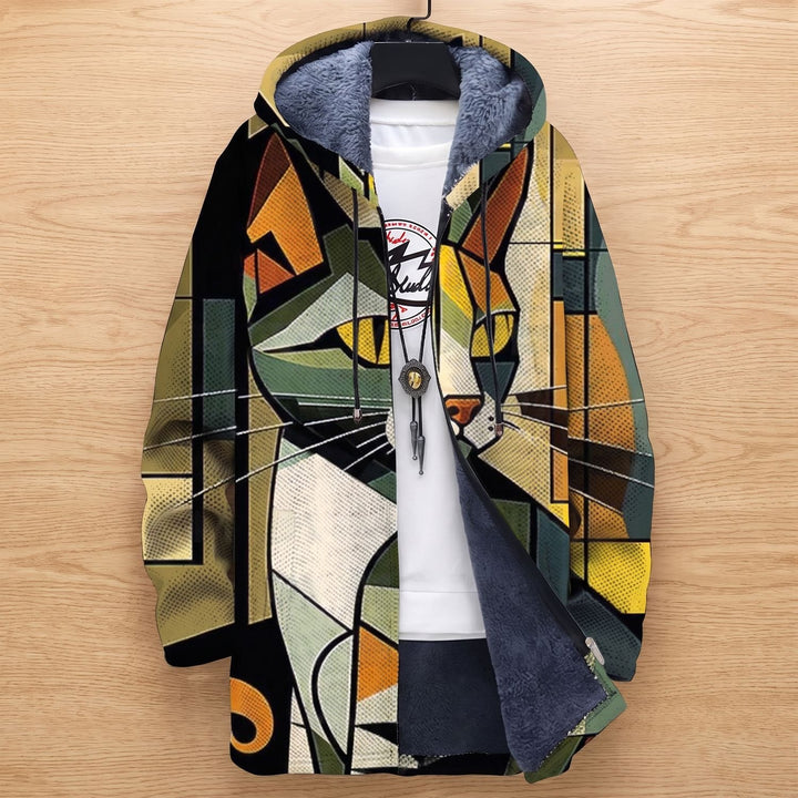Dames Fleece-Gevoerd Hoodie Vest met Abstract Kattenprint