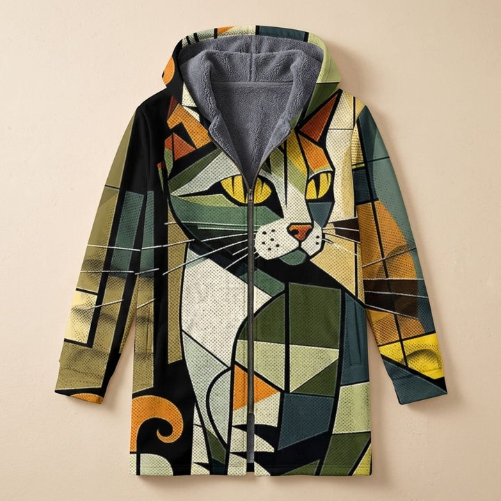 Dames Fleece-Gevoerd Hoodie Vest met Abstract Kattenprint