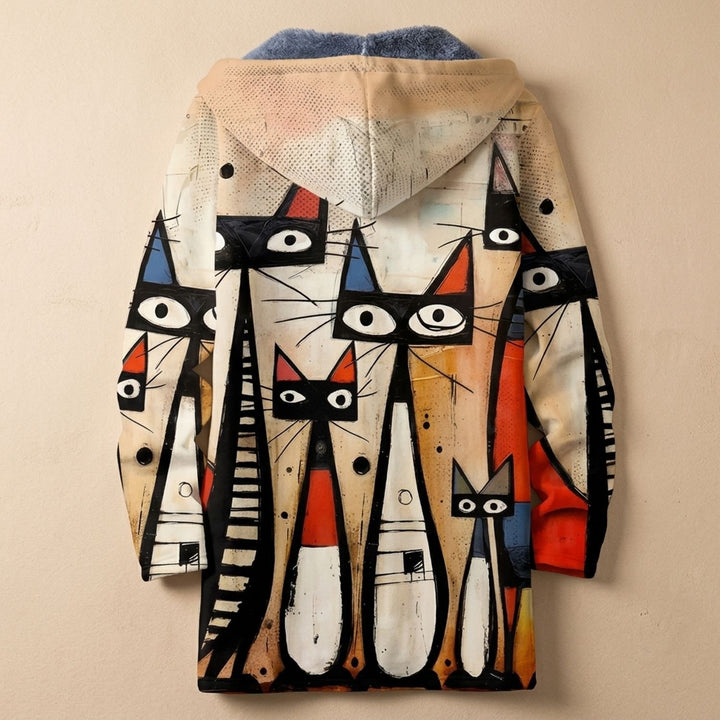 Dames Fleece-Gevoerd Hoodie Vest met Abstract Kattenprint