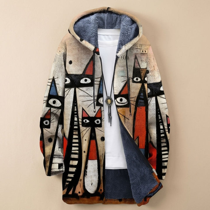Dames Fleece-Gevoerd Hoodie Vest met Abstract Kattenprint - Beige Kat