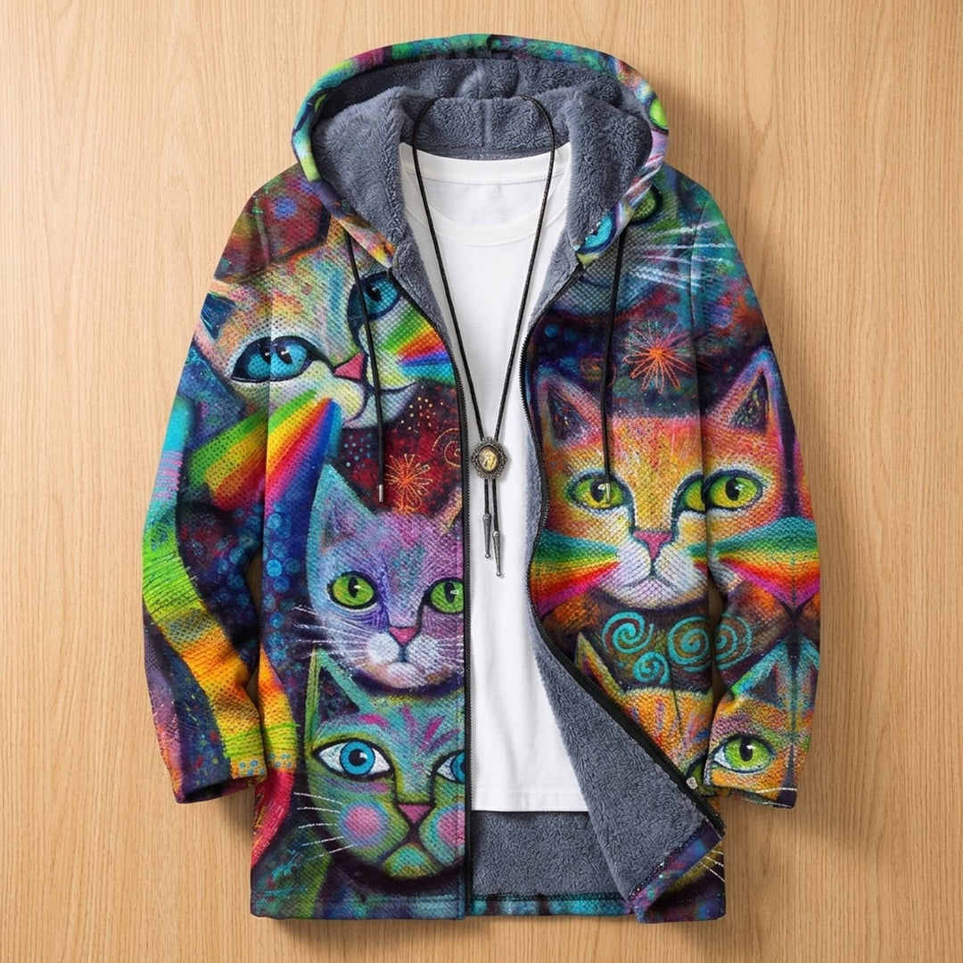 Dames Fleece-Gevoerd Hoodie Vest met Abstract Kattenprint - Veelkleurige Kat