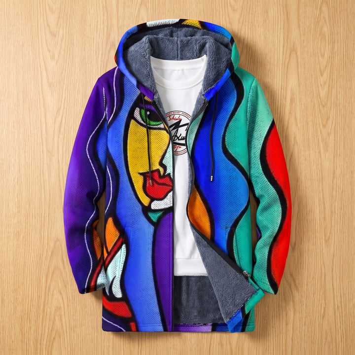 Dames Fleece-Gevoerde Hoodie Vest met Abstracte Kunstprint - Veelkleurig