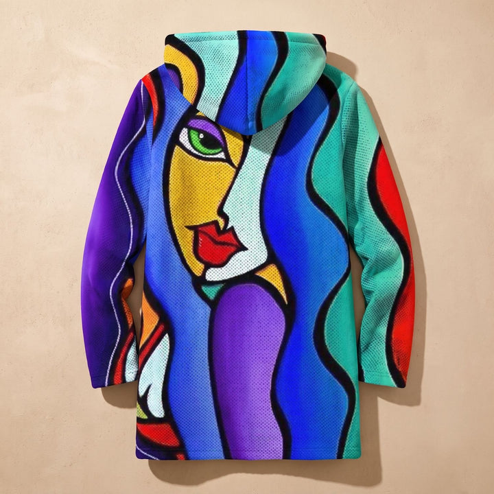 Dames Fleece-Gevoerde Hoodie Vest met Abstracte Kunstprint