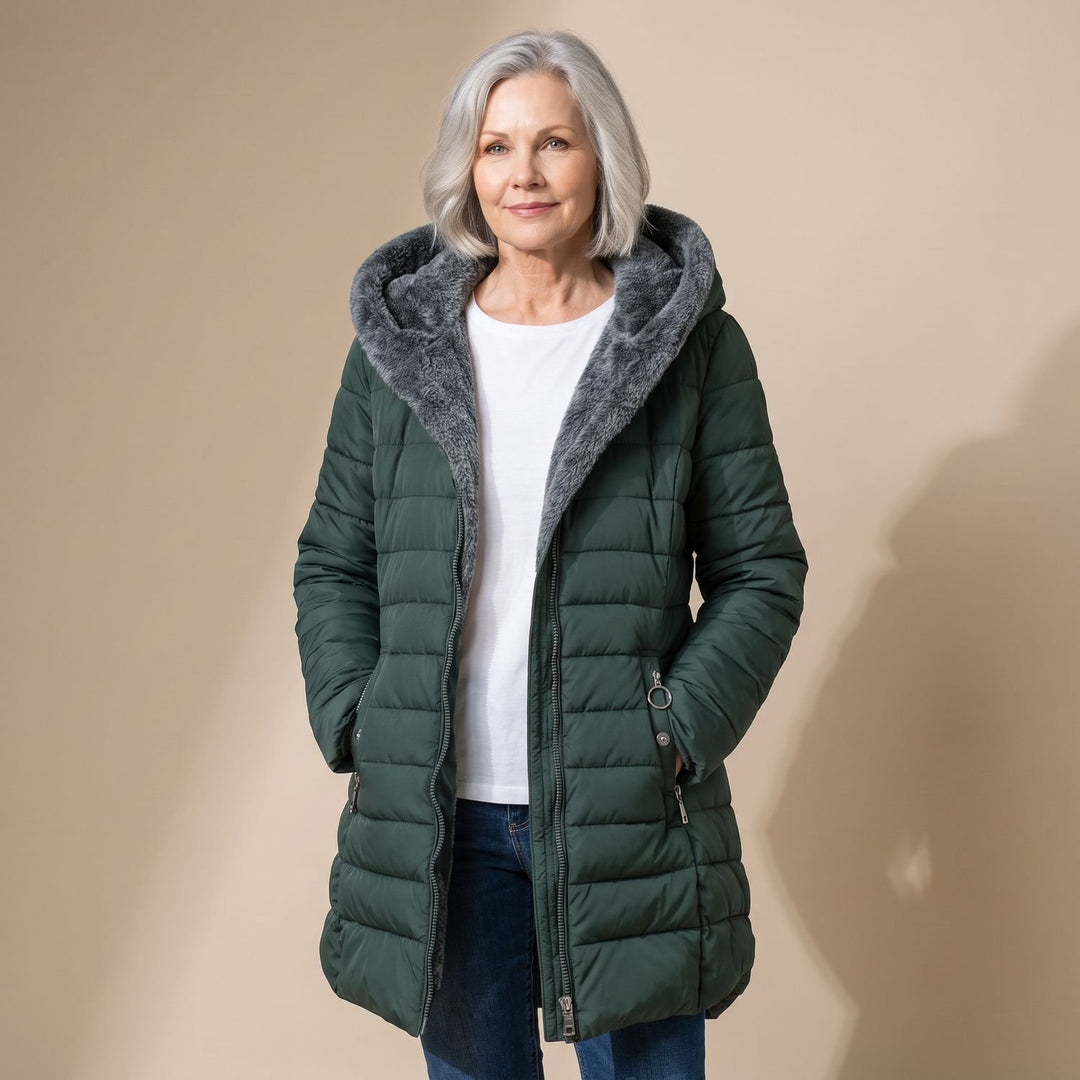 Dames Fleece-Gevoerde Winterjas Hooded Puffer Getailleerde Fit - Donkergroen