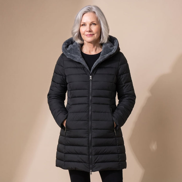 Dames Fleece-Gevoerde Winterjas Hooded Puffer Getailleerde Fit - Zwart