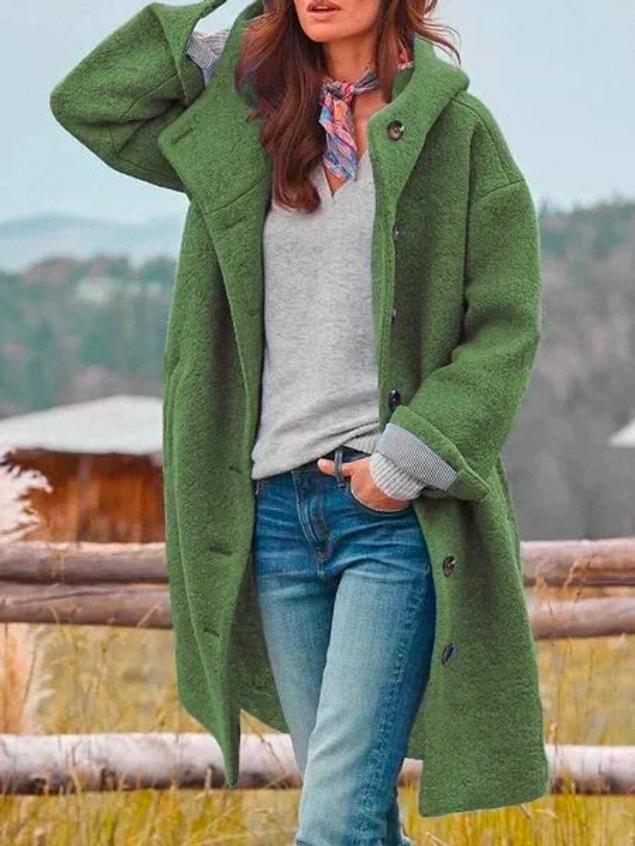 Dames Fleece Hooded Women Coat Casual Knoop Lange Jas - Donkergroen