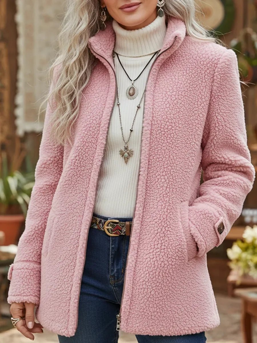 Dames Fleece Women Coat Ritsjas Teddystof Staande Kraag - Roze