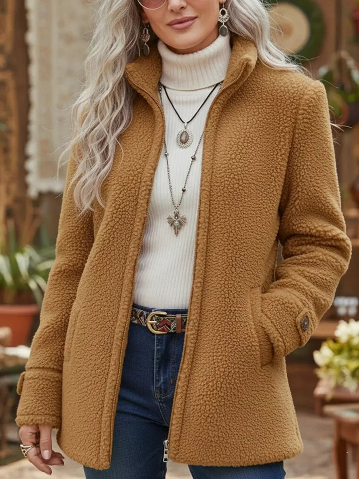 Dames Fleece Women Coat Ritsjas Teddystof Staande Kraag - Camel