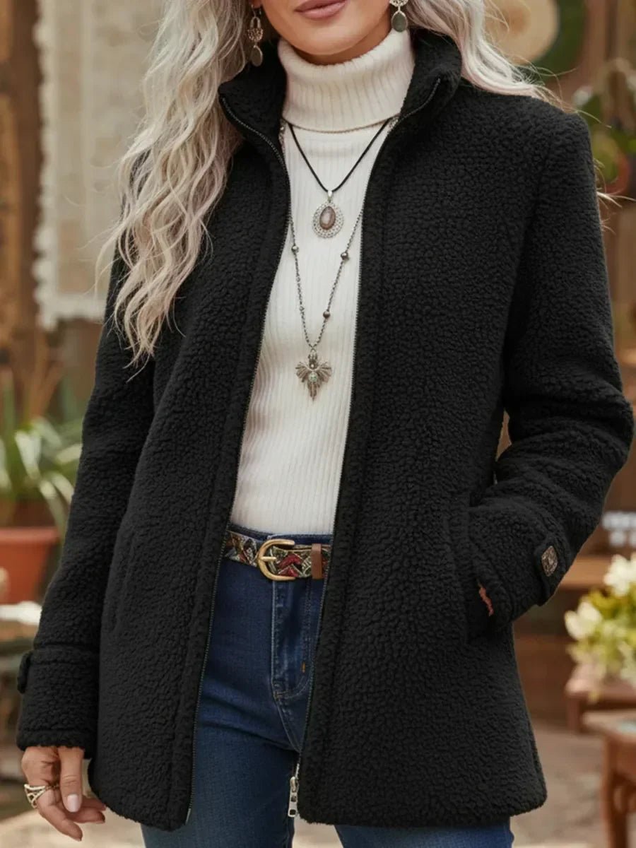 Dames Fleece Women Coat Ritsjas Teddystof Staande Kraag - Zwart