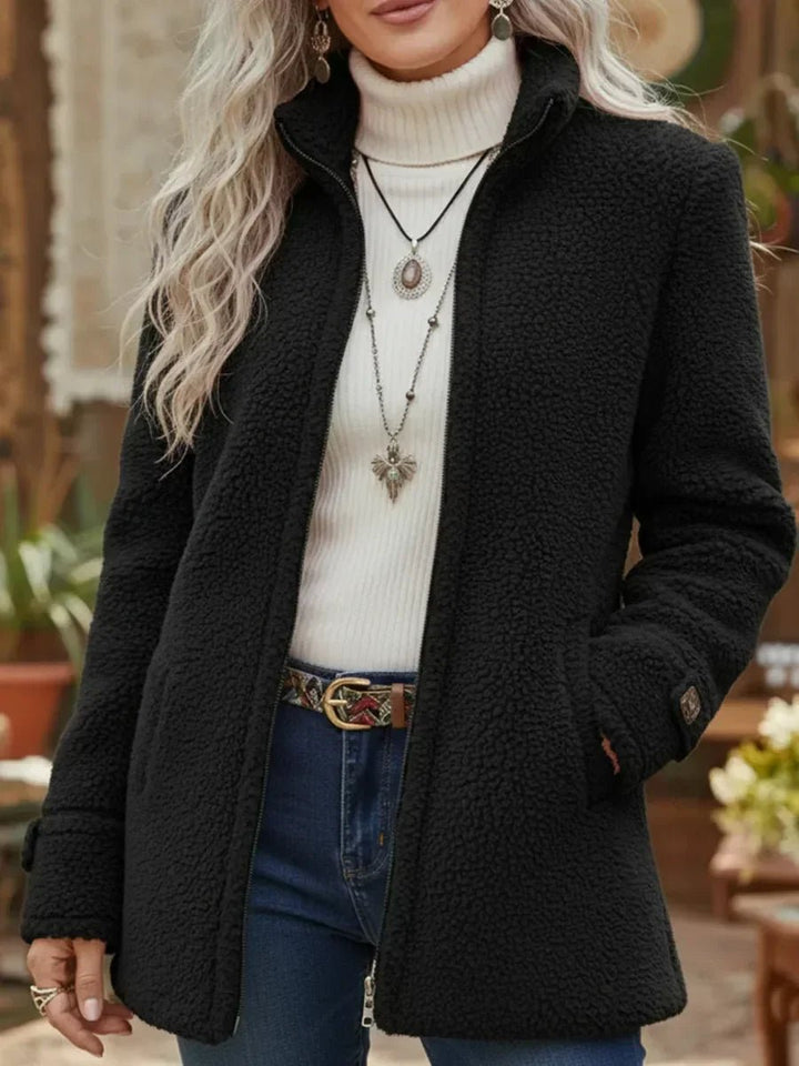 Dames Fleece Women Coat Ritsjas Teddystof Staande Kraag - Zwart