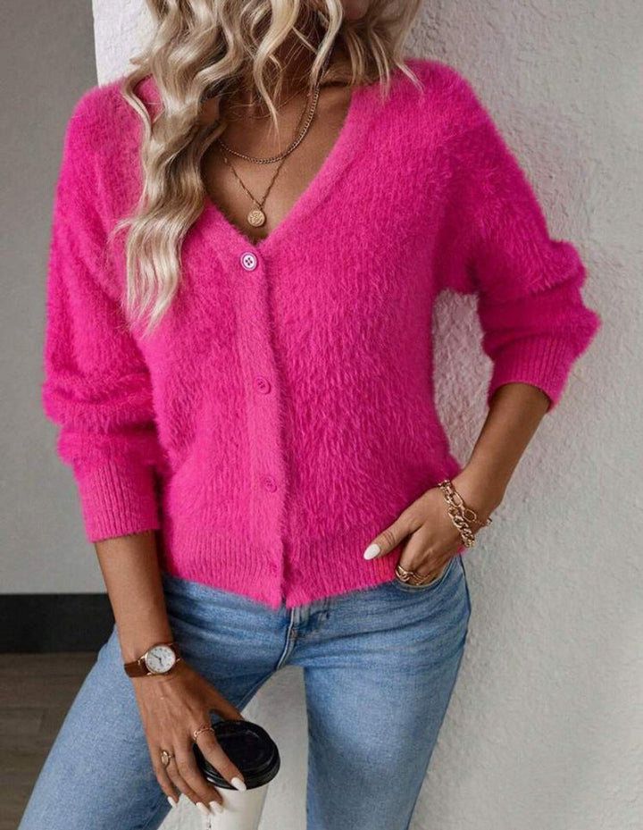 Dames Fluffy V-hals Cardigan Knoopsluiting - Magenta