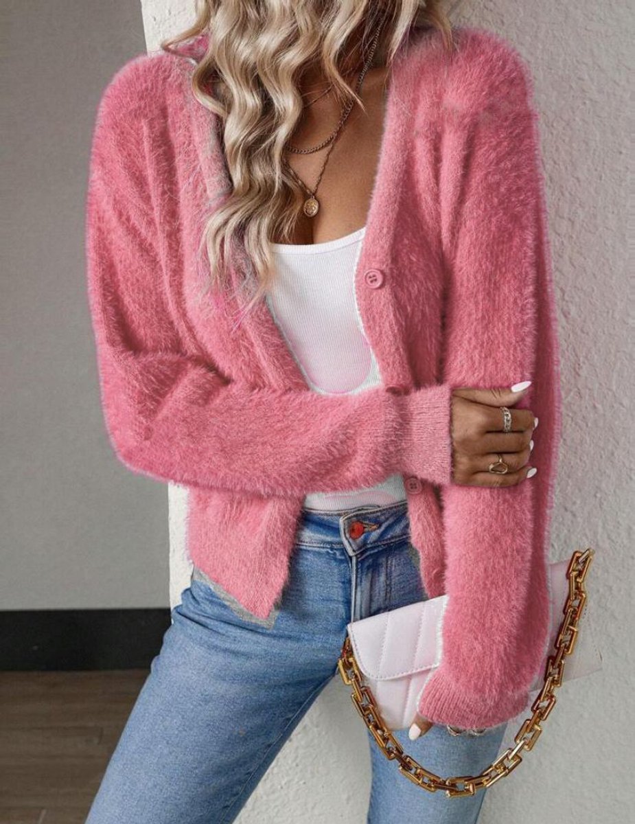 Dames Fluffy V-hals Cardigan Knoopsluiting - Roze
