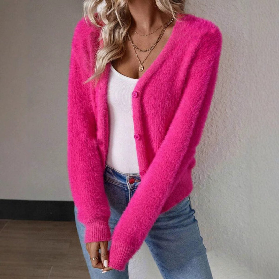 Dames Fluffy V-hals Cardigan Knoopsluiting