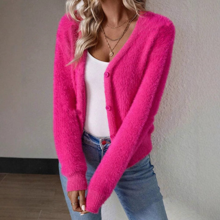 Dames Fluffy V-hals Cardigan Knoopsluiting