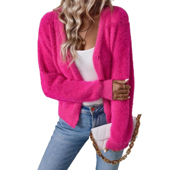 Dames Fluffy V-hals Cardigan Knoopsluiting