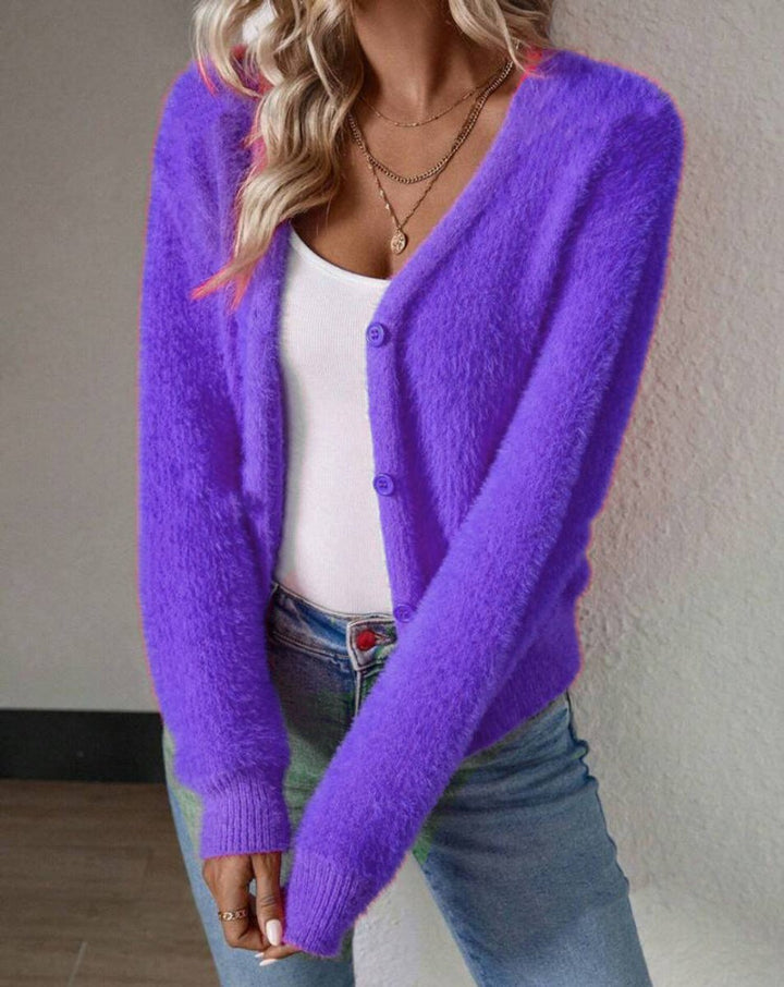 Dames Fluffy V-hals Cardigan Knoopsluiting - Lila