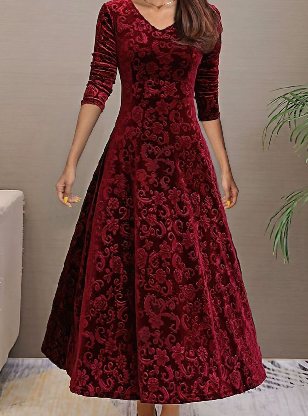 Dames Fluwelen Feestjurk V-hals A-lijn Midi Geborduurde Mouwen - Donkerrood