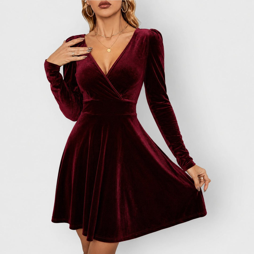 Dames Fluwelen Formal Dress met V-hals Skater Jurk Lange Mouwen - Rood