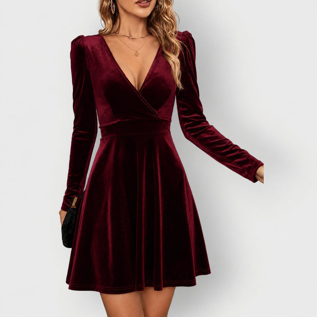 Dames Fluwelen Formal Dress met V-hals Skater Jurk Lange Mouwen