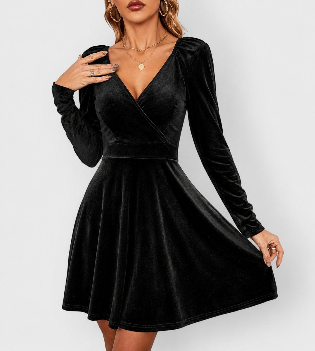 Dames Fluwelen Formal Dress met V-hals Skater Jurk Lange Mouwen - Zwart