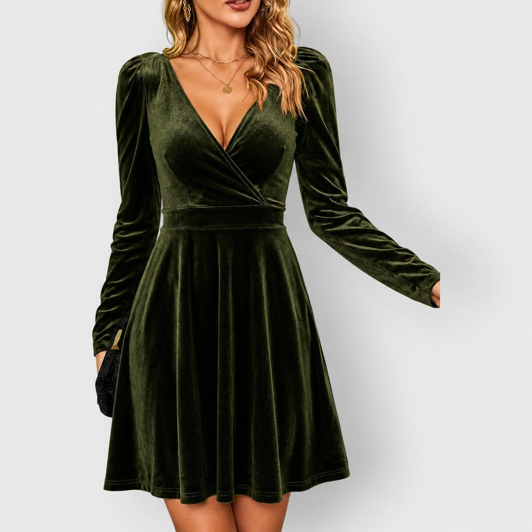 Dames Fluwelen Formal Dress met V-hals Skater Jurk Lange Mouwen
