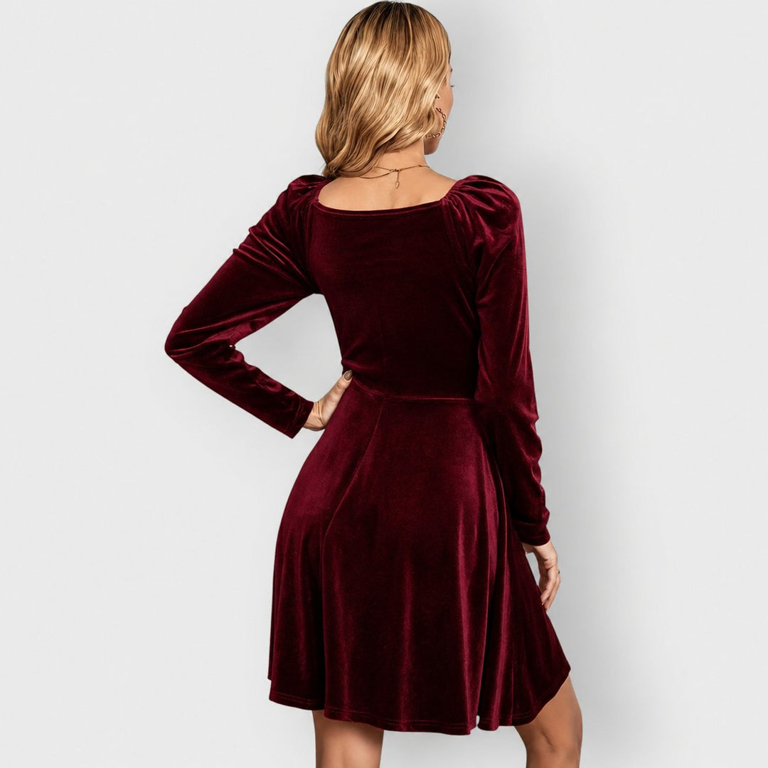 Dames Fluwelen Formal Dress met V-hals Skater Jurk Lange Mouwen