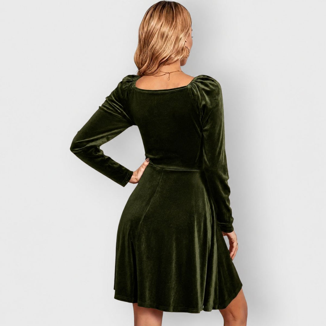 Dames Fluwelen Formal Dress met V-hals Skater Jurk Lange Mouwen