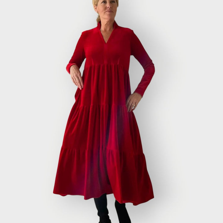 Dames Fluwelen Gelaagde Maxi Formele Jurk met V-hals Lange Mouwen - Rood
