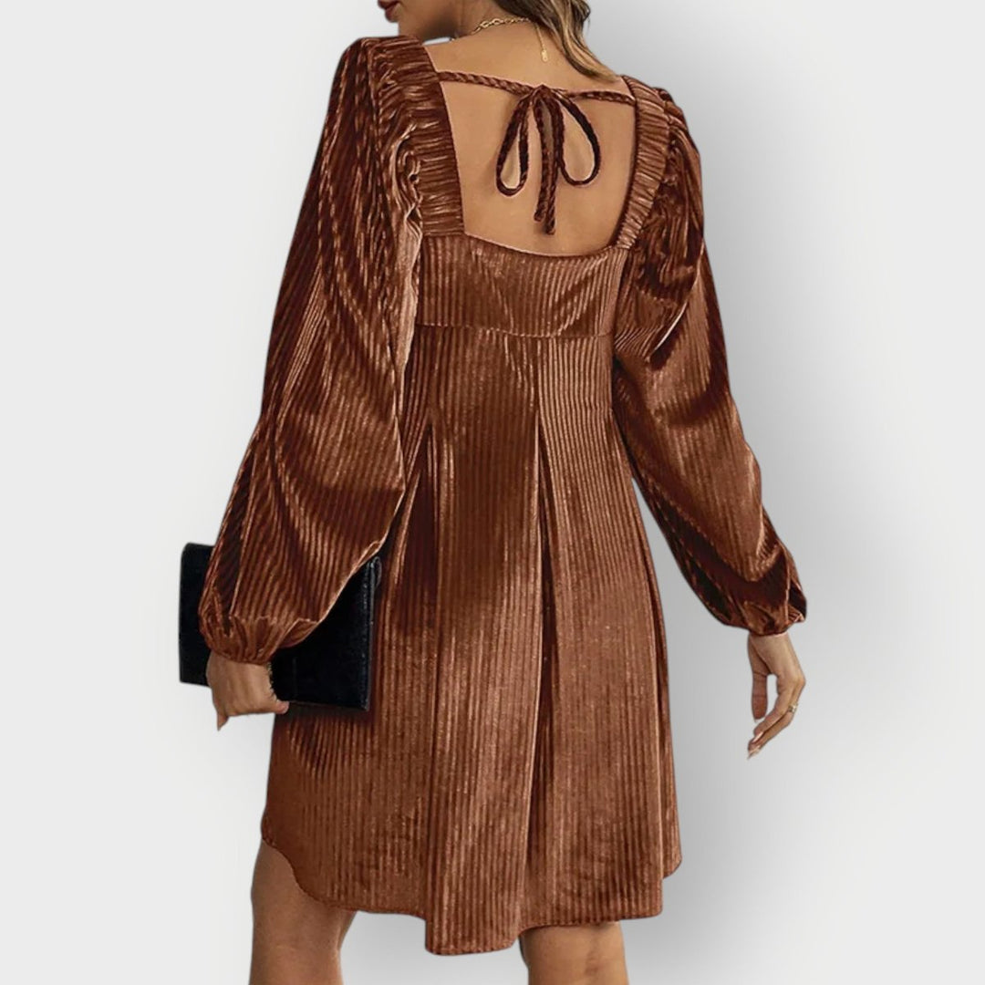 Dames Fluwelen Geplooide Formele Jurk met Vierkante Hals en Lange Mouwen