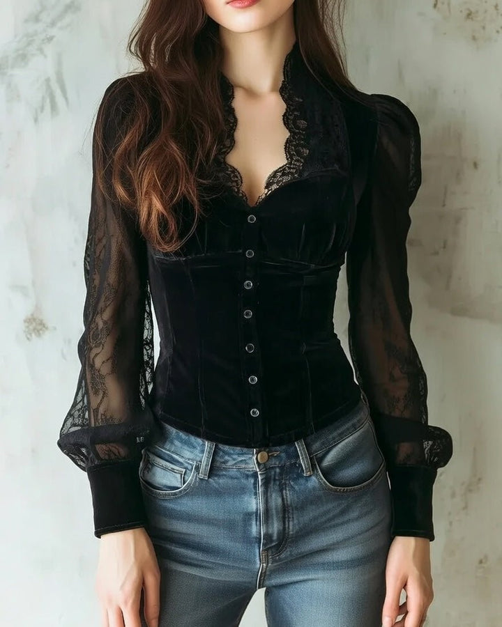 Dames Fluwelen Kanten Blouse Doorzichtige Mouwen Knoopsluiting - Black