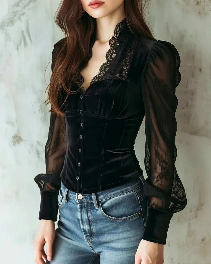 Dames Fluwelen Kanten Blouse Doorzichtige Mouwen Knoopsluiting