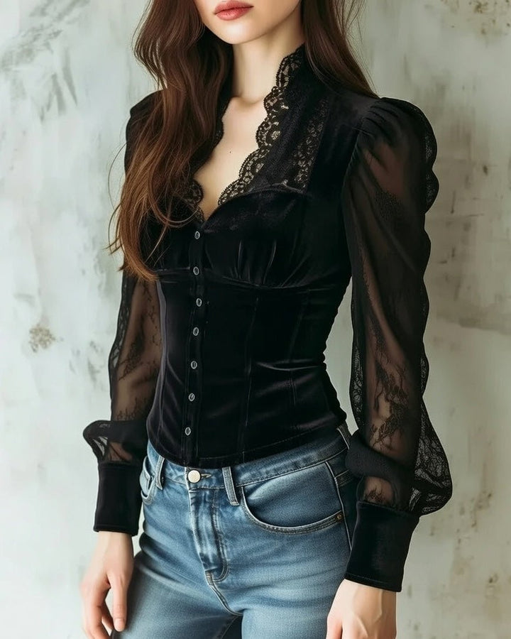 Dames Fluwelen Kanten Blouse Doorzichtige Mouwen Knoopsluiting