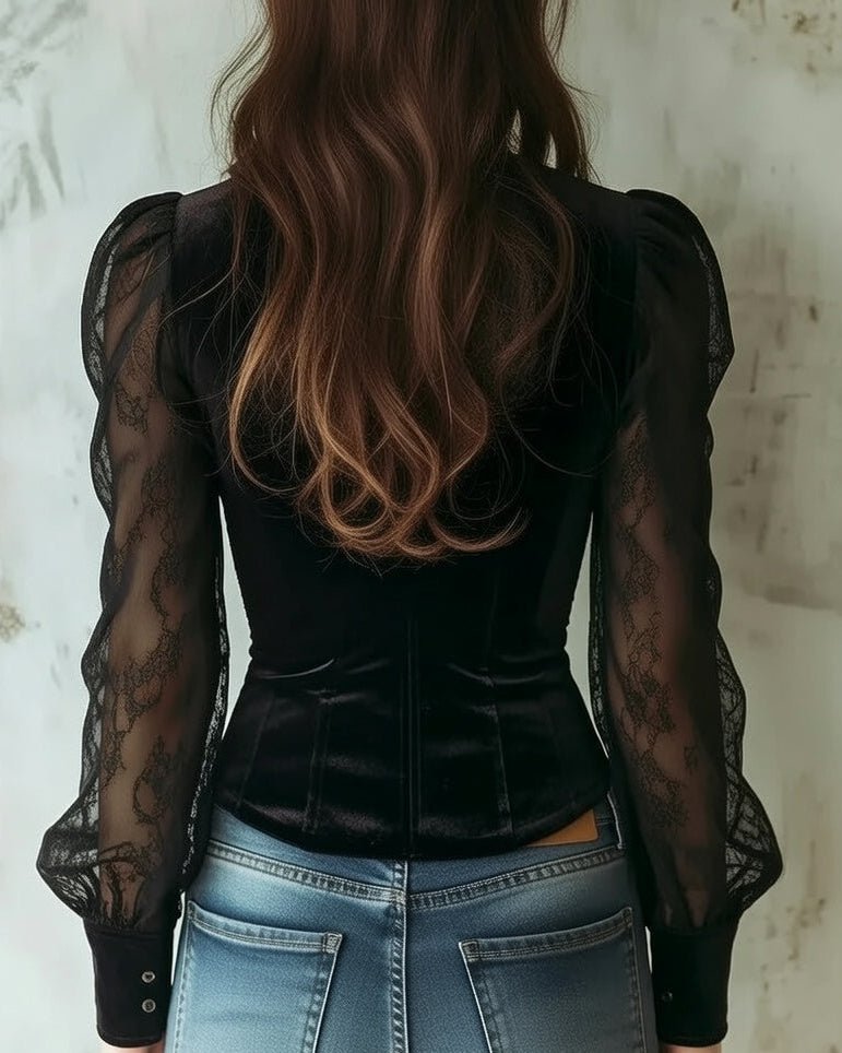 Dames Fluwelen Kanten Blouse Doorzichtige Mouwen Knoopsluiting
