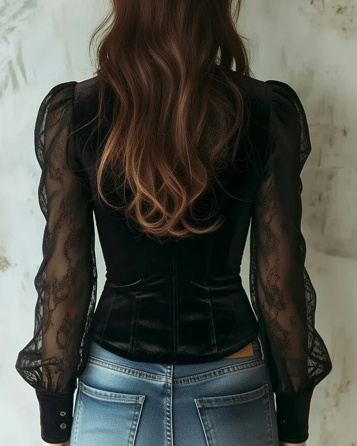 Dames Fluwelen Kanten Blouse Doorzichtige Mouwen Knoopsluiting