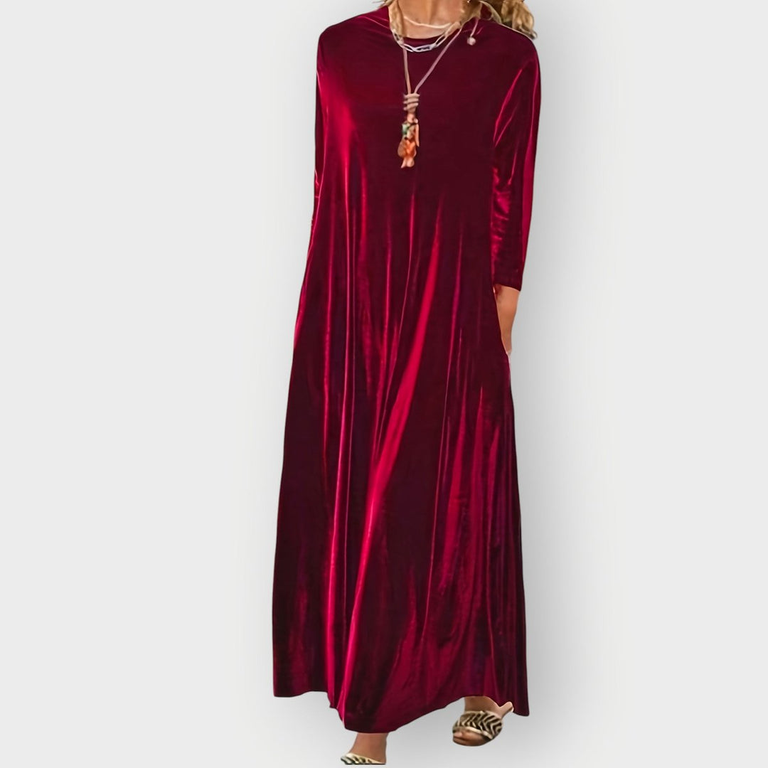 Dames Fluwelen Maxi Jurk Formele Jurken Lange Mouwen - Bordeaux