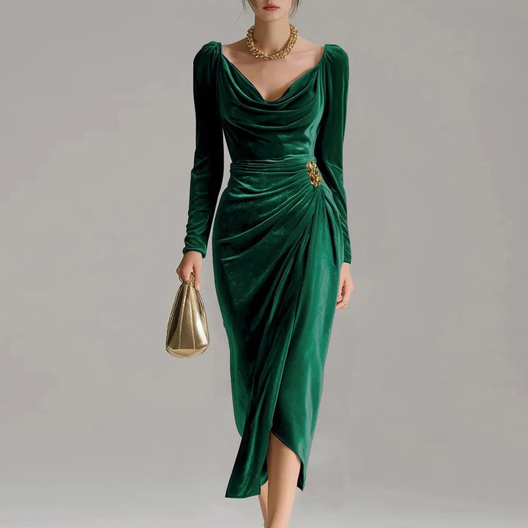 Dames Fluwelen Midi Formal Dress Cowlneck Geplooide Rok - Groen