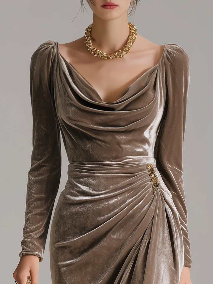 Dames Fluwelen Midi Formal Dress Cowlneck Geplooide Rok