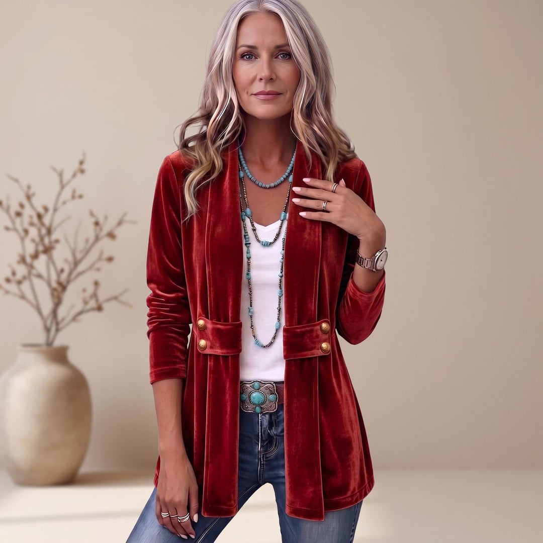 Dames Fluwelen Open Blazer met Lange Mouwen en Gouden Knopen - Rood