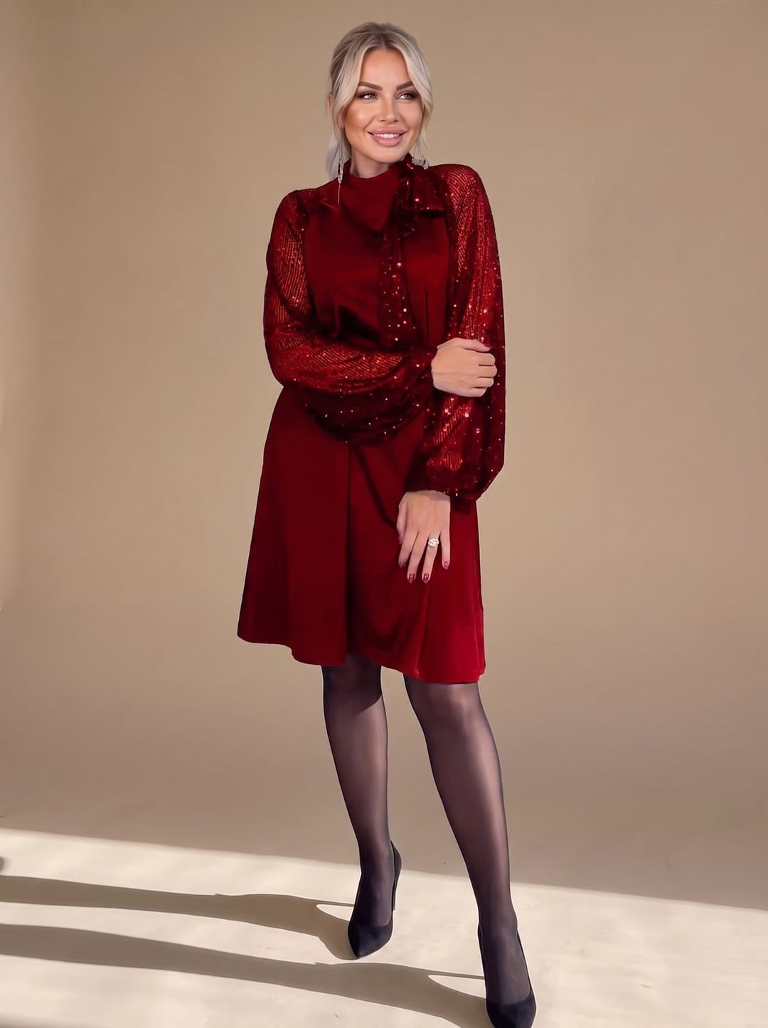 Dames Fluwelen Pailletten Jurk met Strikje Lange Mouw - Rood