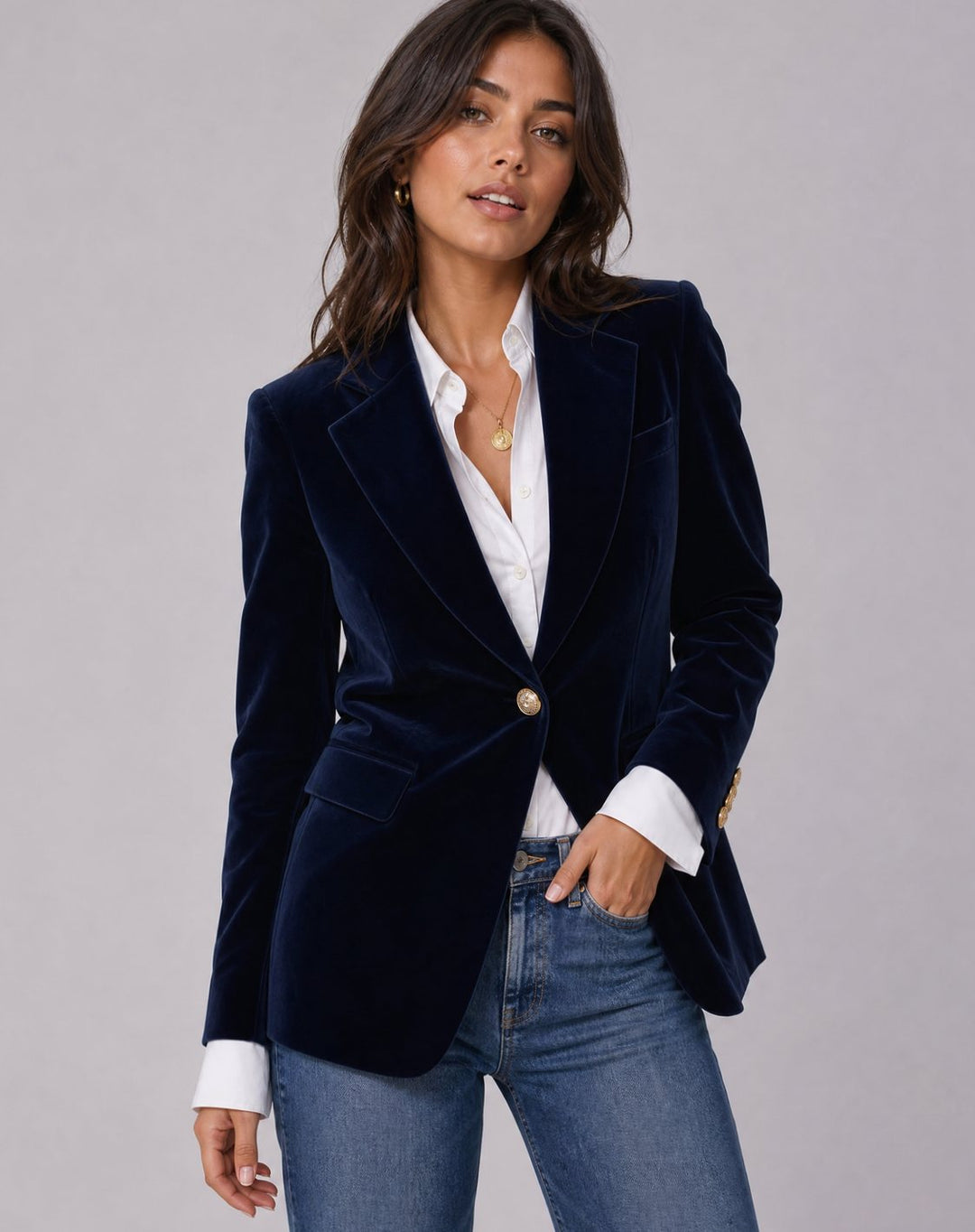 Dames Fluwelen Slim-Fit Blazer Goudkleurige Knopen - Donkerblauw