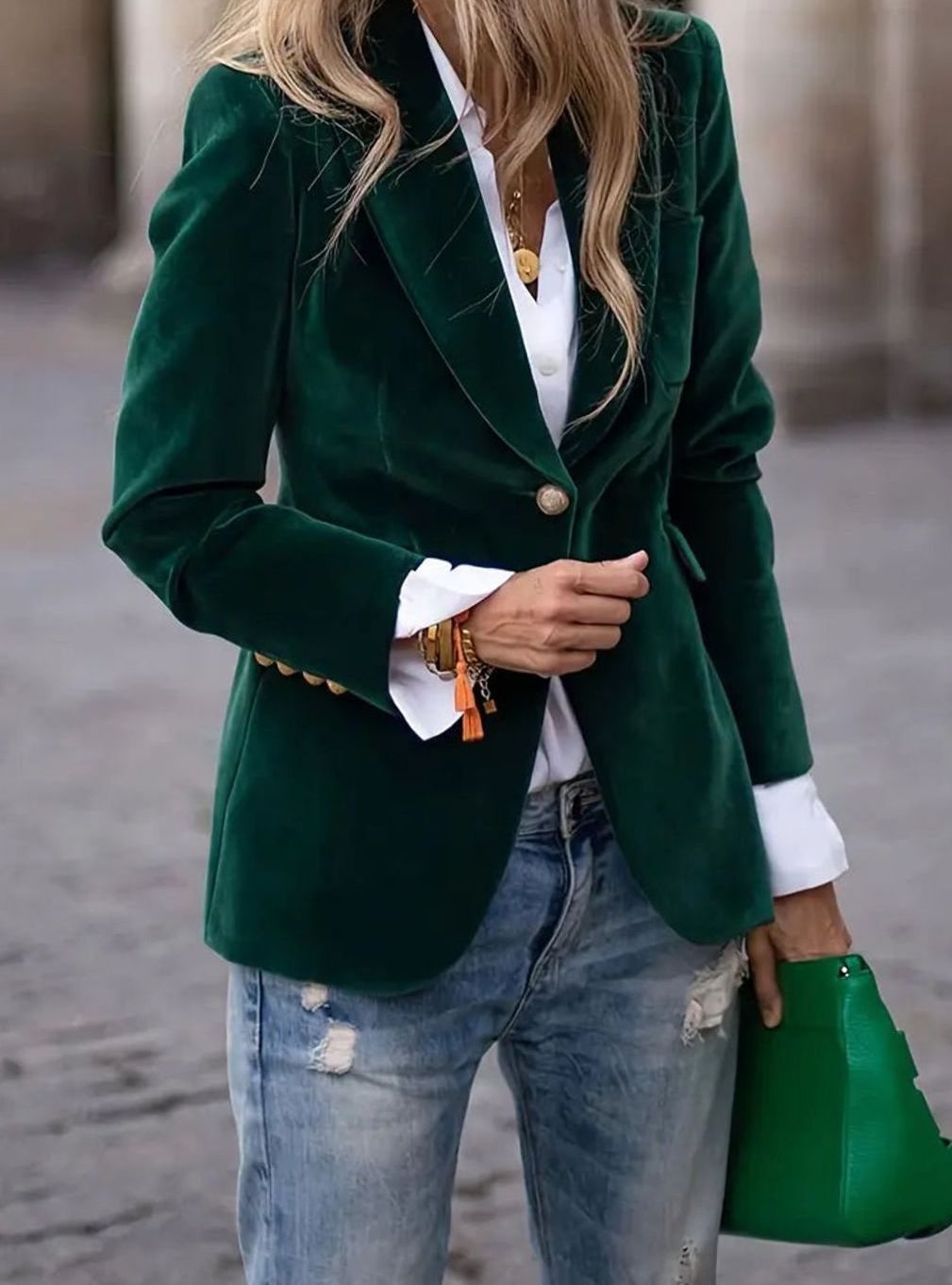 Dames Fluwelen Slim-Fit Blazer Goudkleurige Knopen - Groen