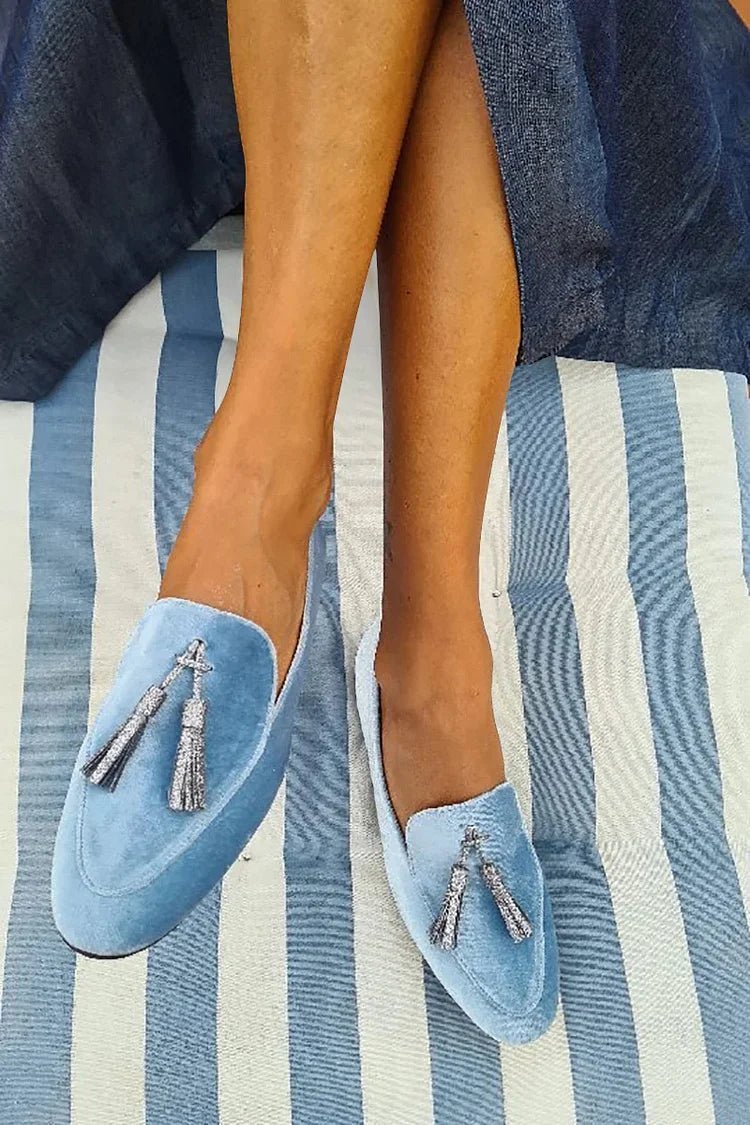 Dames Fluwelen Zilver Kwastje Instap Loafer Platte Schoenen - Blue