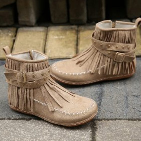 Dames Franjes Enkellaarsjes met Gespsluiting Bohemian Stijl - Khaki