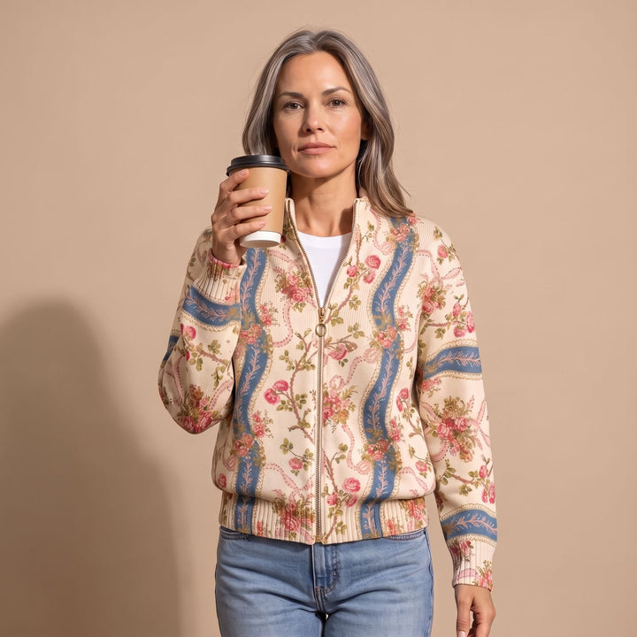 Dames Gebloemd Gebreid Vest met Rits en Gouden Ritssluiting